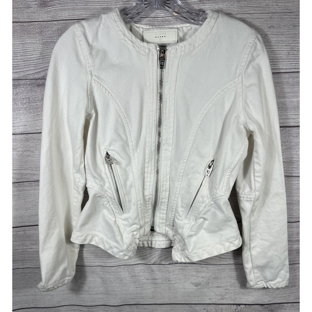 BLANKNYC Women's Small 100% Cotton White Denim Moto Full Zip Jacket Zip Size XS